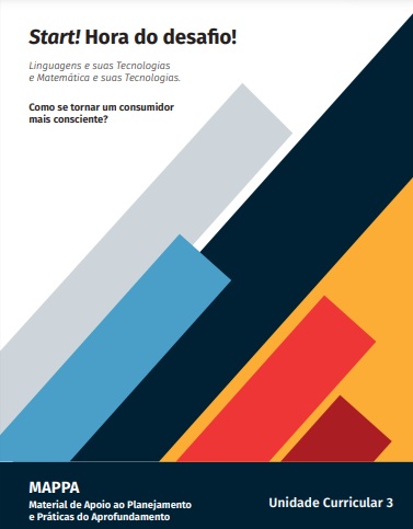 Capa branca com listras diagonais em tons de azul, cinza, vermelhos e amarelo. Título do material.