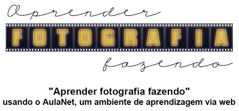 Logotipo, texto aprender fotografia fazendo. Embaixo o título e subtítulo do curso.