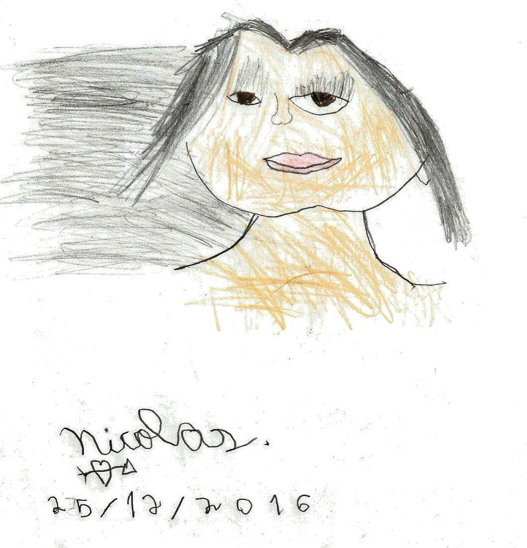 Desenho: rosto de mulher com cabelos escuros lisos e olhos castanhos. Desenho de 1 menino de 8 anos