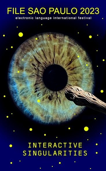 cartaz com um olho ampliado, sob fundo azul e preto. Pontos amarelos e o título do festival e tema.